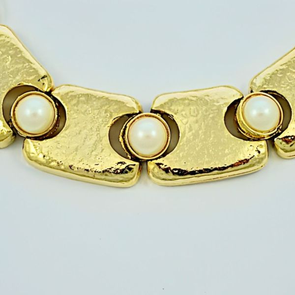 Gold Plated Link Collar Necklace with Faux Pearls circa 1980s