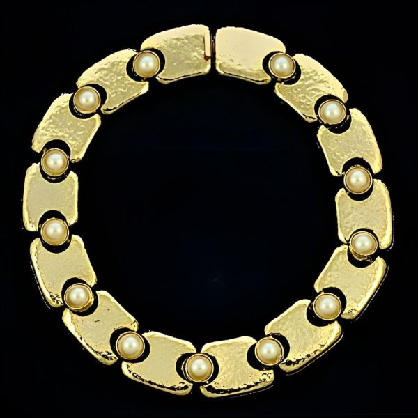 Gold Plated Link Collar Necklace with Faux Pearls circa 1980s