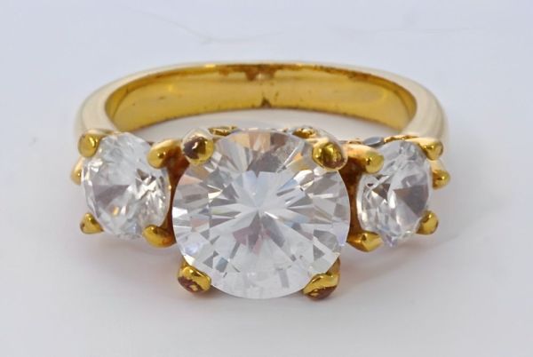 Gold Plated Diamante Three Stone Ring circa 1980s
