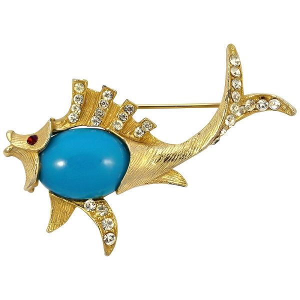 Gold Plated Blue Belly Fish Brooch with Clear and Red Diamantes
