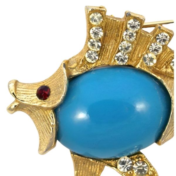 Gold Plated Blue Belly Fish Brooch with Clear and Red Diamantes