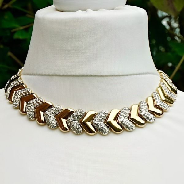 Gold Plated and Rhinestone Chevron Collar Necklace circa 1980s