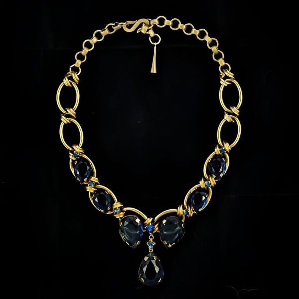 Gold Tone Blue Tear Drop Necklace circa 1950s