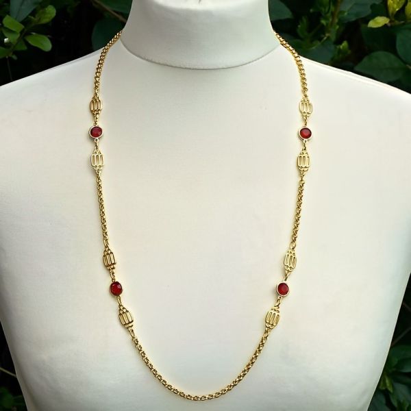 Gold Plated Bezel Set Red Glass Belcher Chain Necklace circa 1980s