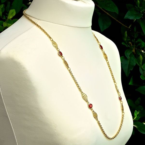 Gold Plated Bezel Set Red Glass Belcher Chain Necklace circa 1980s