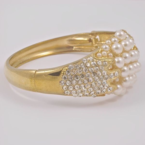 Gold Plated White Faux Pearl and Diamante Bangle circa 1980s