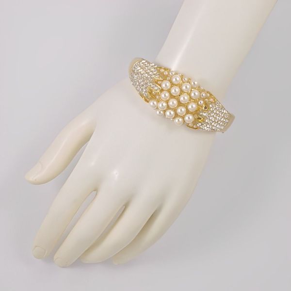 Gold Plated White Faux Pearl and Diamante Bangle circa 1980s