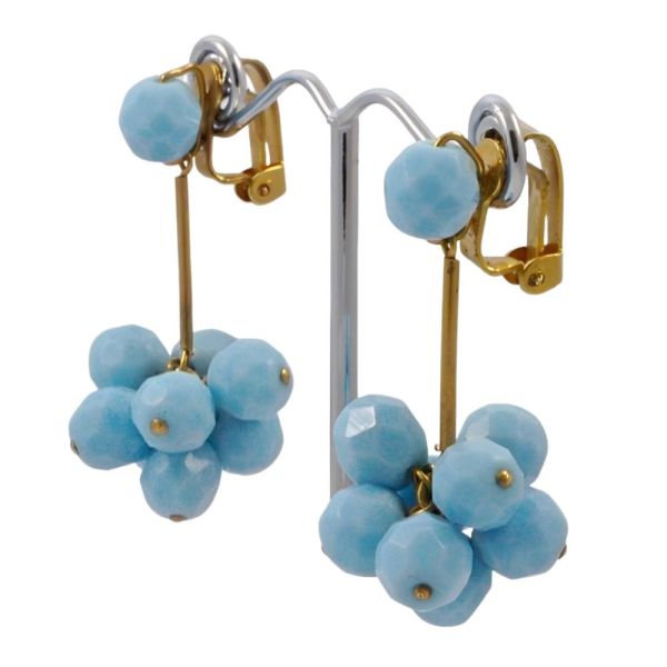 Copper Tone Light Blue Faceted Glass Ball Clip On Drop Earrings