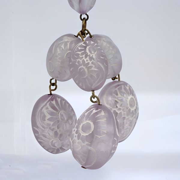 Lilac and White Etched Glass Clip on Drop Earrings circa 1960s