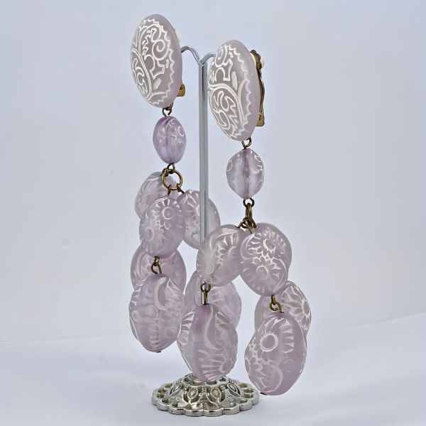 Lilac and White Etched Glass Clip on Drop Earrings circa 1960s