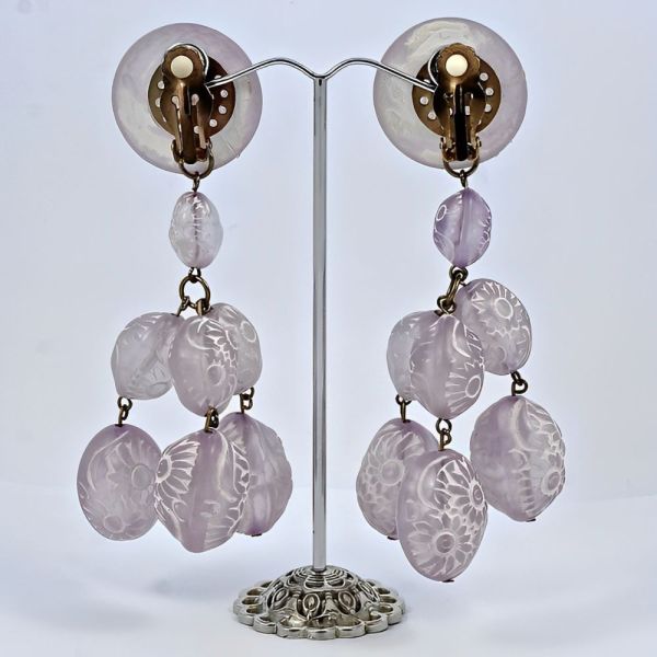 Lilac and White Etched Glass Clip on Drop Earrings circa 1960s