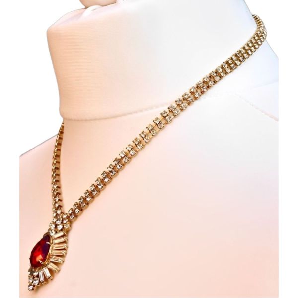 Gold Tone Pendant Necklace with  Red Teardrop circa 1980s