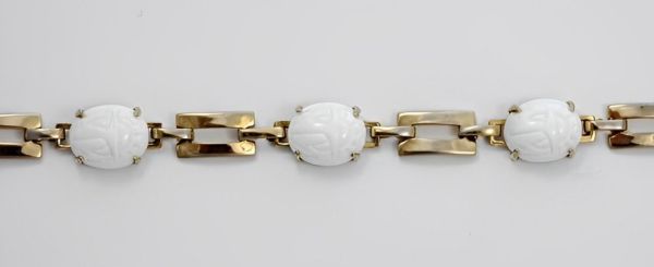 Gold Plated Milk Glass Scarab Link Bracelet circa 1950s