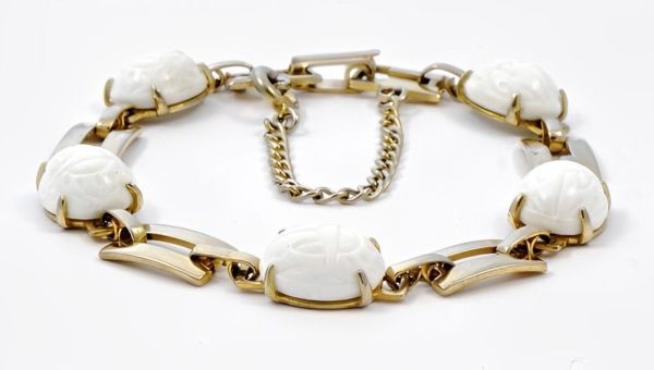Gold Plated Milk Glass Scarab Link Bracelet circa 1950s