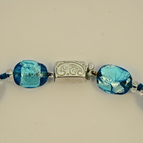 Graduated Blue Foil Glass Bead Necklace with a Silver Clasp