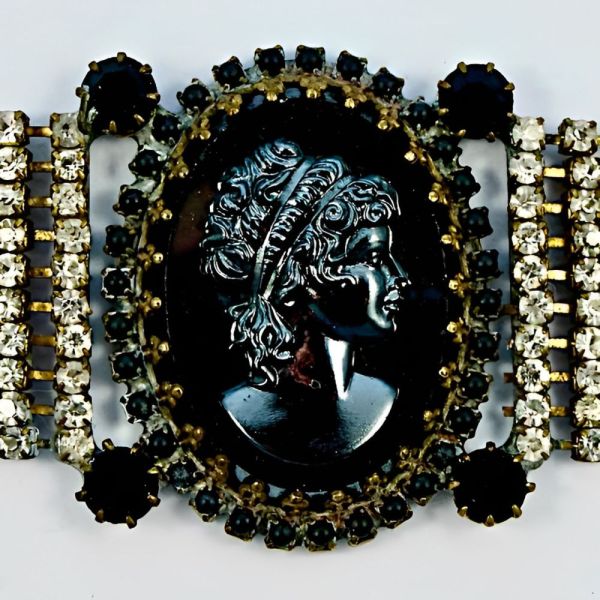 Haematite and Black Glass Cameo Bracelet Clear Rhinestones