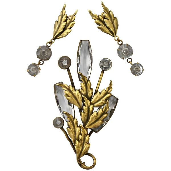 Joseff of Hollywood 1950s Clear Crystal Brooch and Earrings