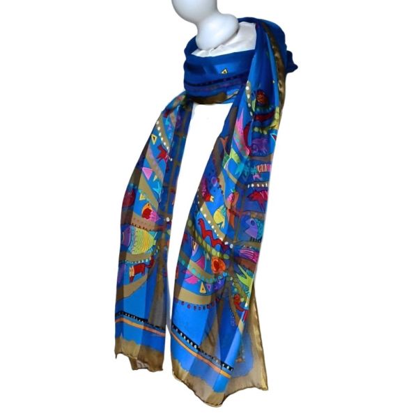 Laurel Burch Multi Colour Animal and Blue Background Silk Scarf