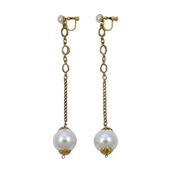 Long Gold Plated Faux White Pearl Screw Back Dangle Earrings