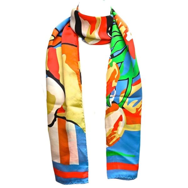 Long Silk Scarf with Abstract Tulip Flower and Vase Print