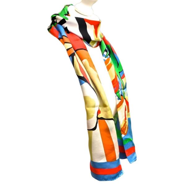 Long Silk Scarf with Abstract Tulip Flower and Vase Print