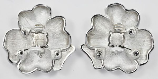 Monet Silver Tone and Diamante Flower Earrings circa 1980s