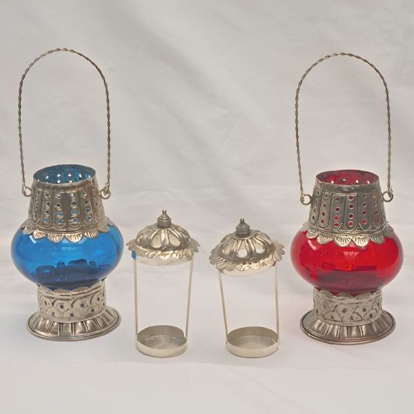 Pair Moroccan Red and Blue Glass Hand Made Tealight Lanterns