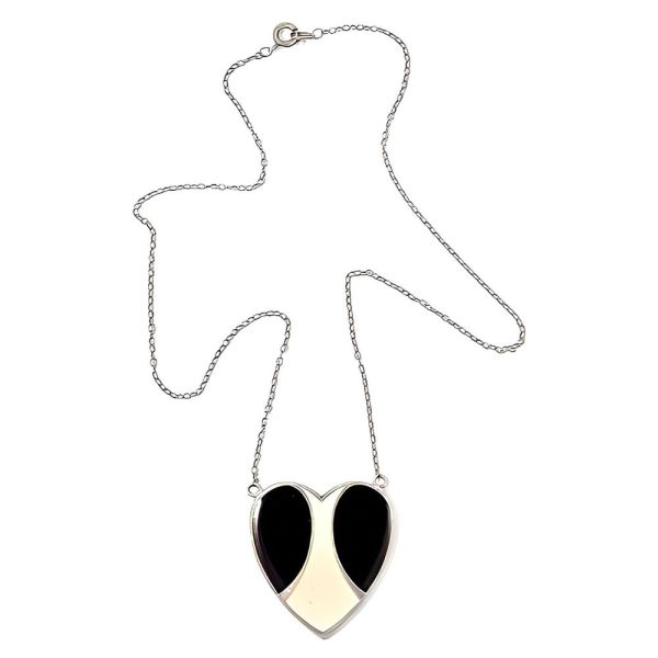 Pierre Bex Art Deco style Black Cream Enamel Heart Necklace