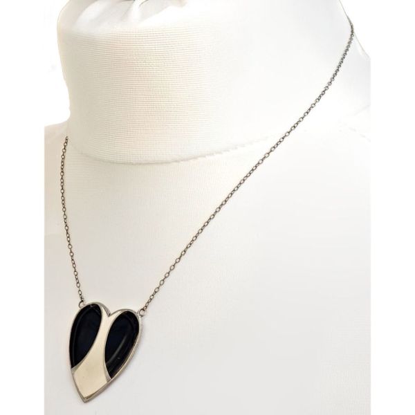 Pierre Bex Art Deco style Black Cream Enamel Heart Necklace