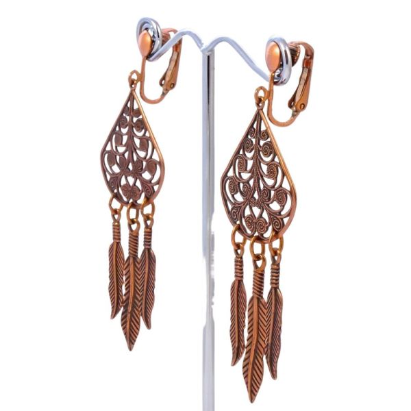 Vintage Copper Swirl and Feather Drop Clip On Earrings