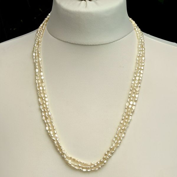 Three Strand Baroque Rice Pearl Necklace circa 1970s