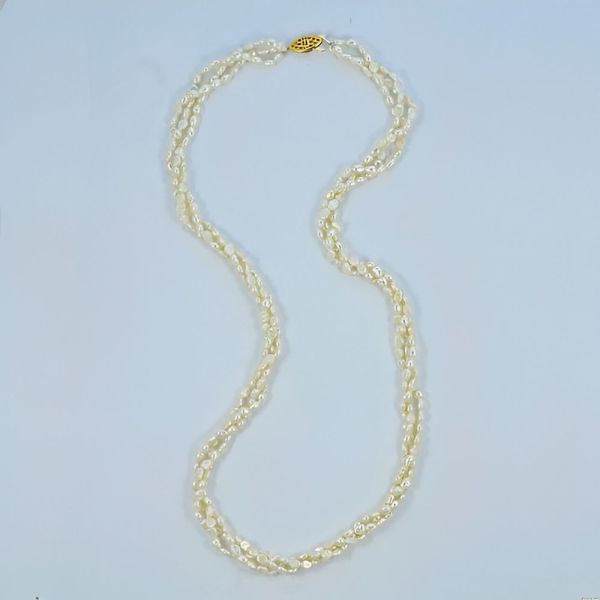 Three Strand Baroque Rice Pearl Necklace circa 1970s