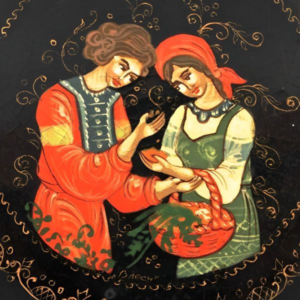 Vintage Russian Wooden Hand Painted Black Lacquer Box