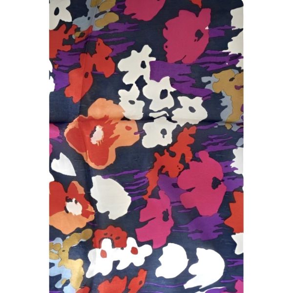 Long Silk Multi Colour Flower and Navy Blue Background Scarf