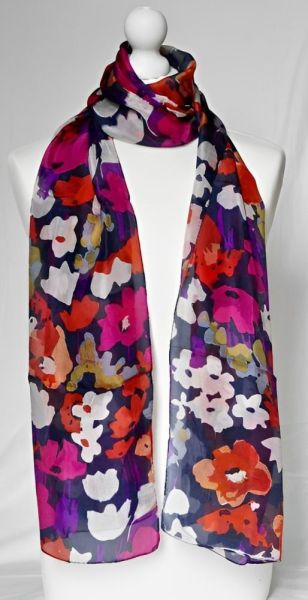 Long Silk Multi Colour Flower and Navy Blue Background Scarf