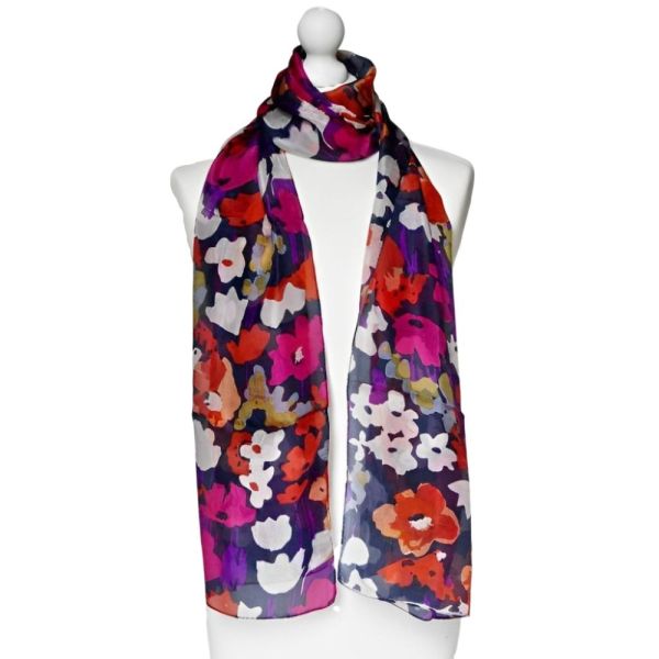 Long Silk Multi Colour Flower and Navy Blue Background Scarf