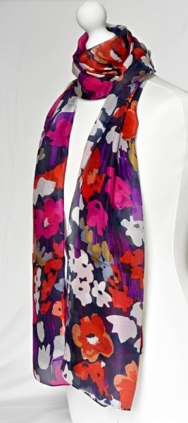 Long Silk Multi Colour Flower and Navy Blue Background Scarf