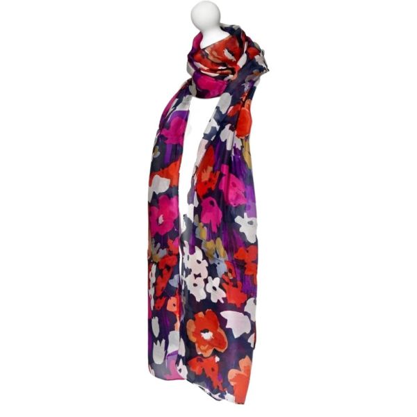 Long Silk Multi Colour Flower and Navy Blue Background Scarf