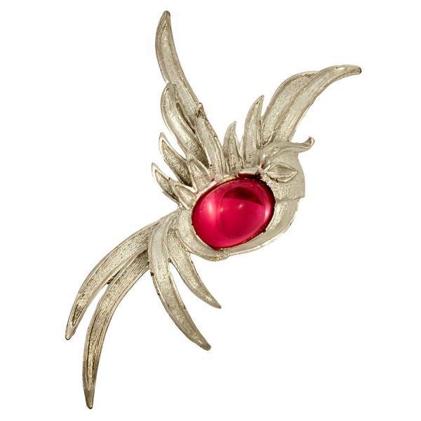 Silver Plated Bird Brooch with a Pink Glass Cabochon circa 1980s