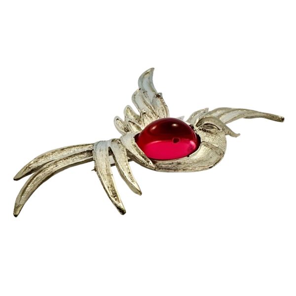 Silver Plated Bird Brooch with a Pink Glass Cabochon circa 1980s