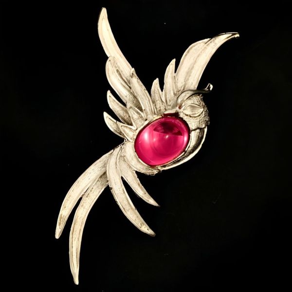 Silver Plated Bird Brooch with a Pink Glass Cabochon circa 1980s