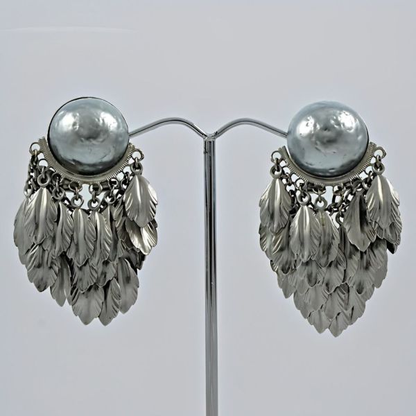 Grey Baroque Pearl Feather and Chain Drop Clip On Earrings