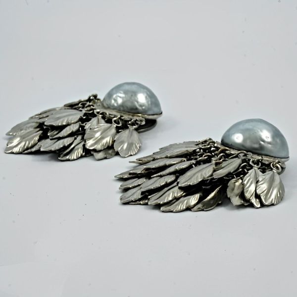Grey Baroque Pearl Feather and Chain Drop Clip On Earrings