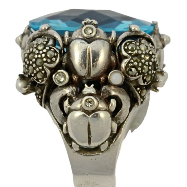 Blue Glass Marcasite Ladybird Flower Silver Ring circa 1970s