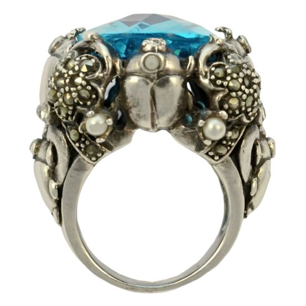 Blue Glass Marcasite Ladybird Flower Silver Ring circa 1970s