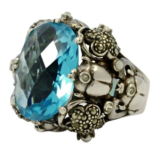 Blue Glass Marcasite Ladybird Flower Silver Ring circa 1970s