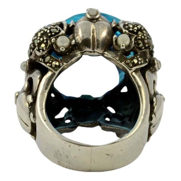 Blue Glass Marcasite Ladybird Flower Silver Ring circa 1970s