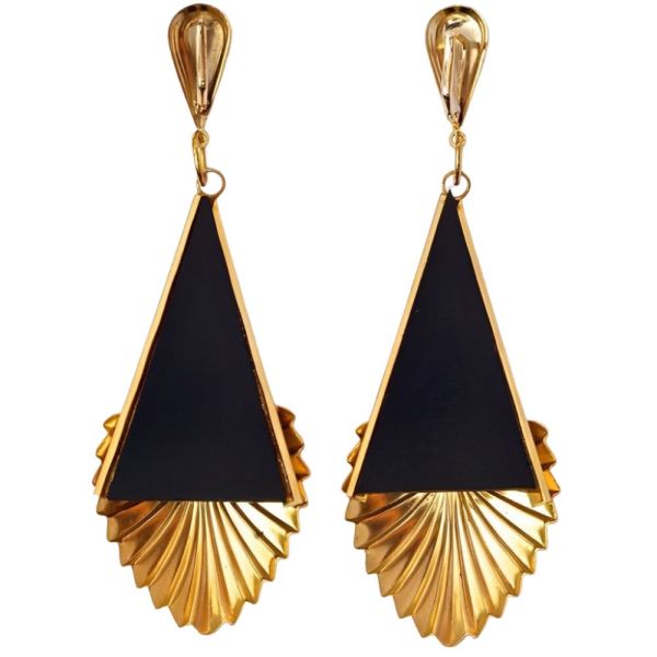 Spanish Gold Tone and Black Drop Statement Earrings