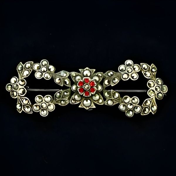 Sterling Silver Marcasite Red Paste Stone Bow Brooch circa 1930s