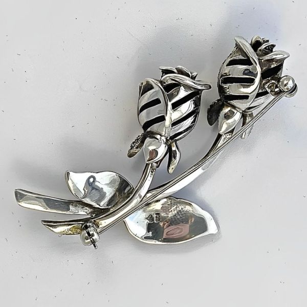 Sterling Silver and Marcasite Double Rosebud Statement Brooch